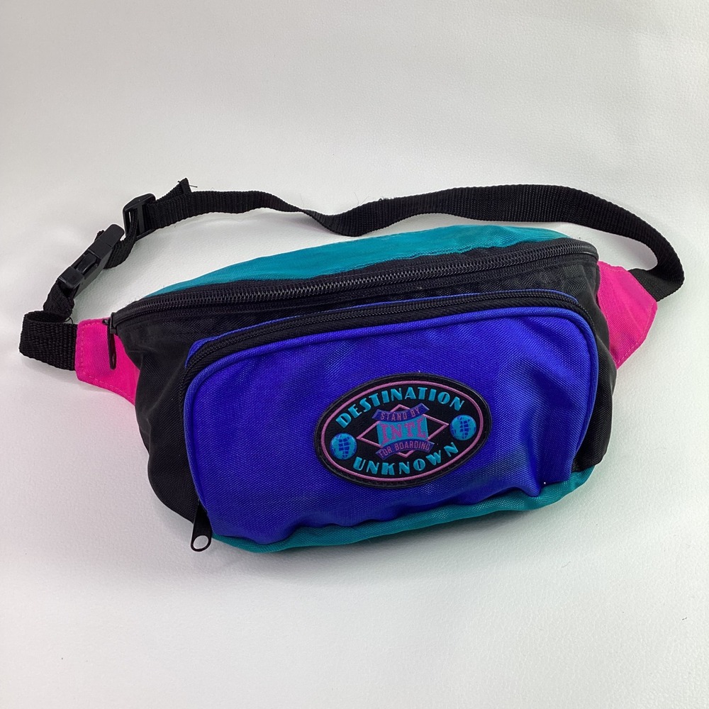 Vintage Destination Unknown Fanny Pack Colorblock Retro Waist Bag Teal Blue Y2K